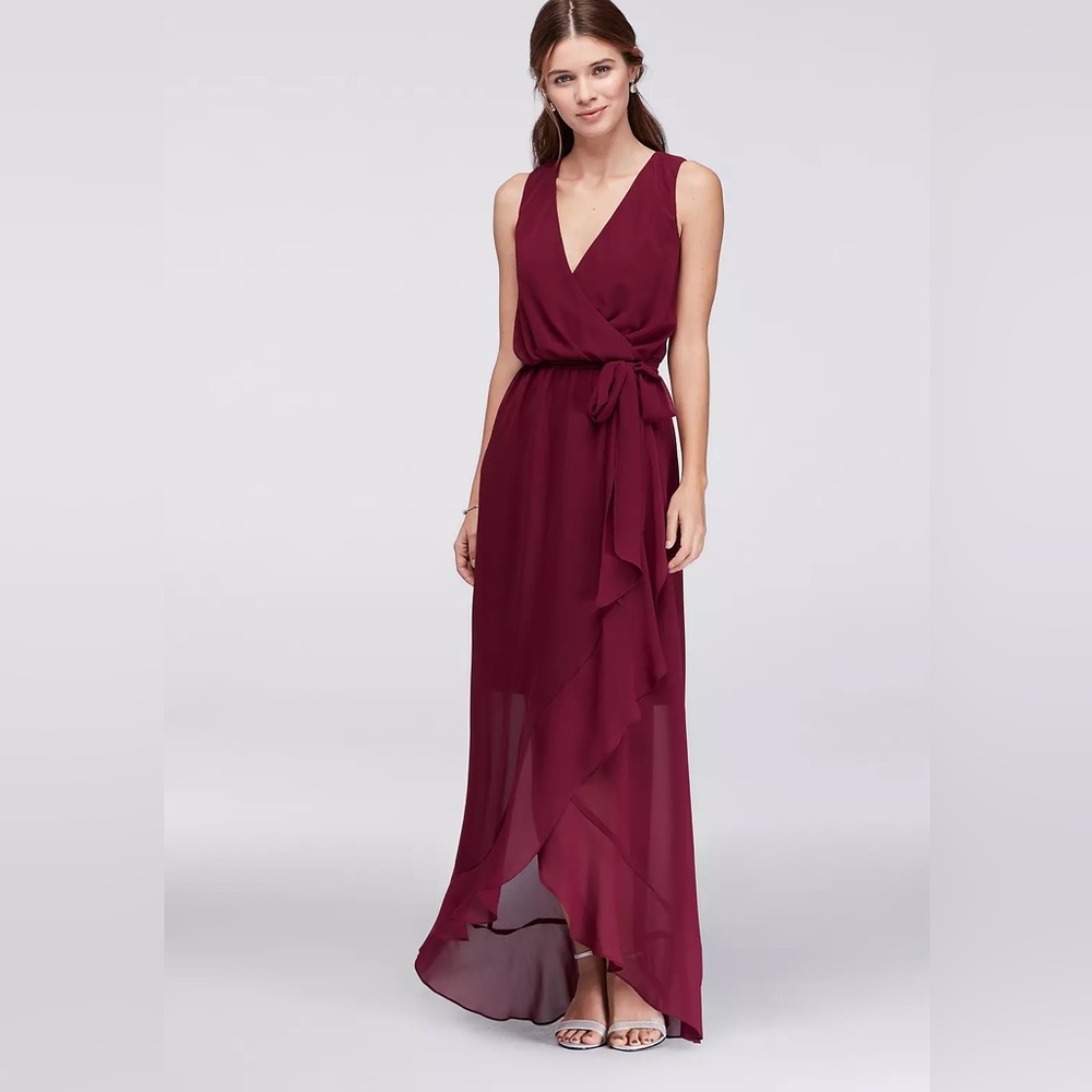 DAVID'S BRIDAL Ruffle-Trim Chiffon Faux-Wrap Bridesmaid Dress Sz 0 WINE F19748